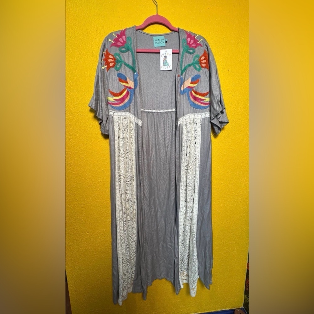 Judith March Bird Embroidered Lace Trim Maxi Duster Kimono L Grey Boho Festival - Picture 6 of 9